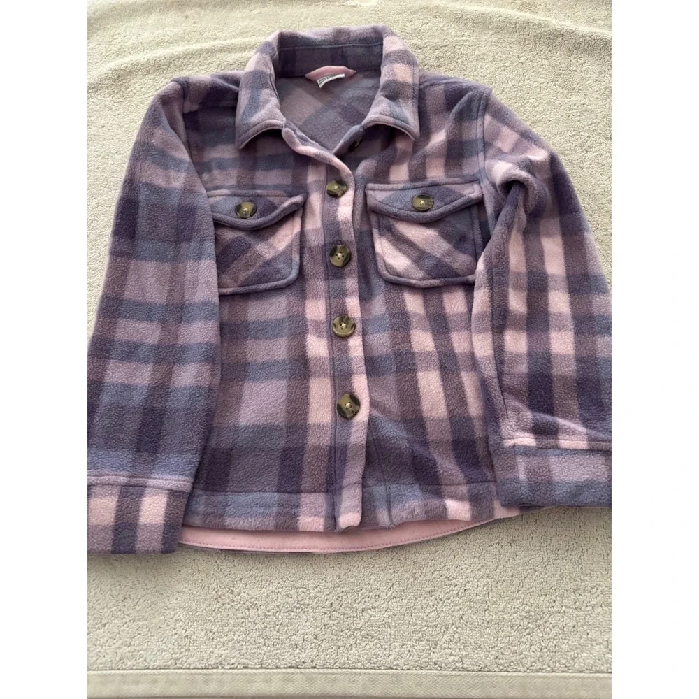 Pekkle‎ Girls Purple Pink Plaid Fleece Shacket Button Down Shirt Jacket 4T